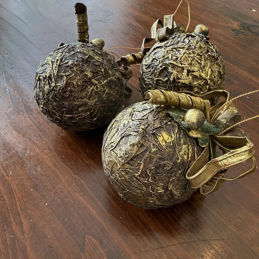3 - Vtg Textured Metallic‎ Gold Christmas Ornaments Ball 3